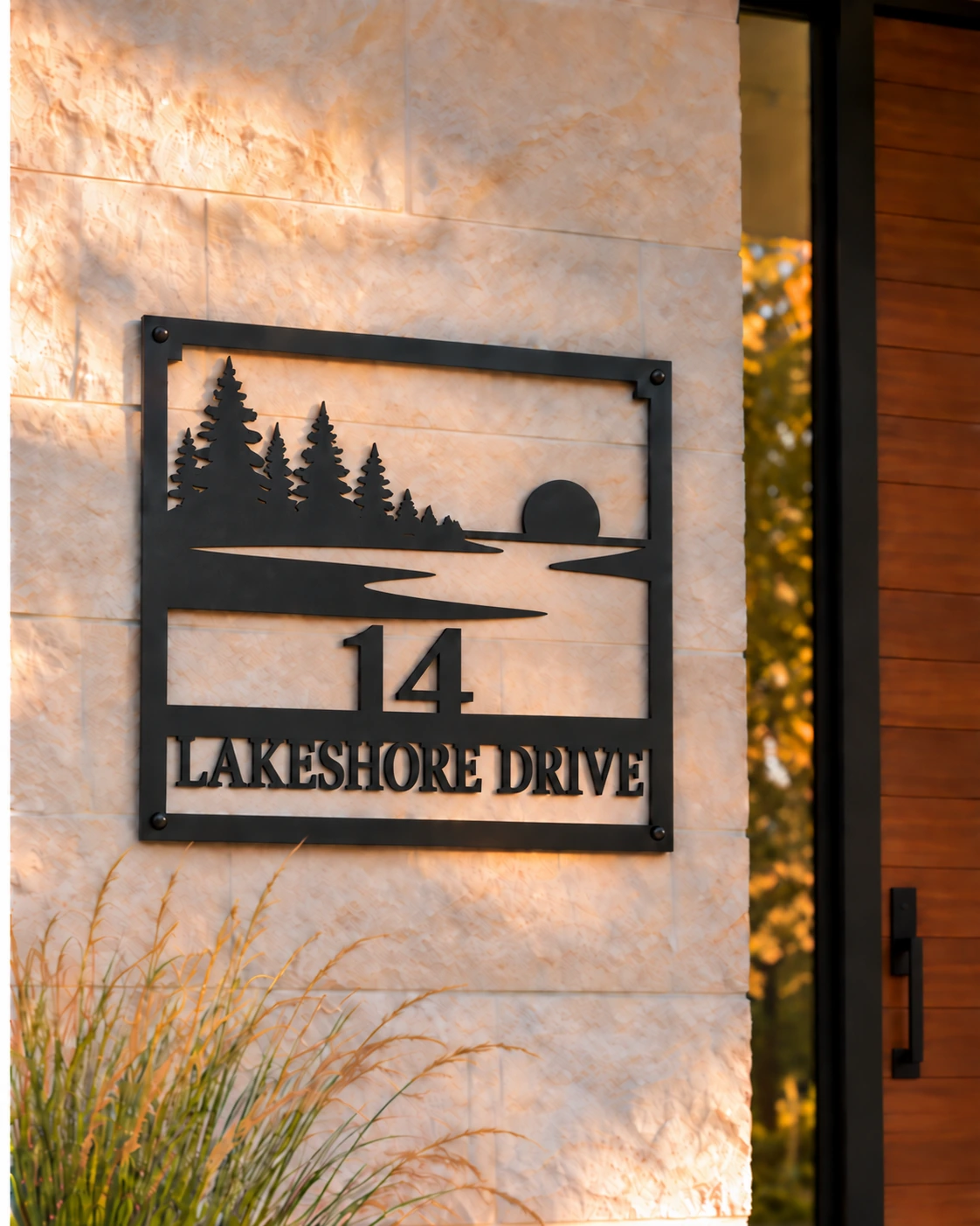 14 Lakeshore Drive lake and pine metal address sign at a warm entrance