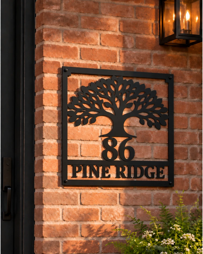86 Pine Ridge tree of life metal address sign on warm brick