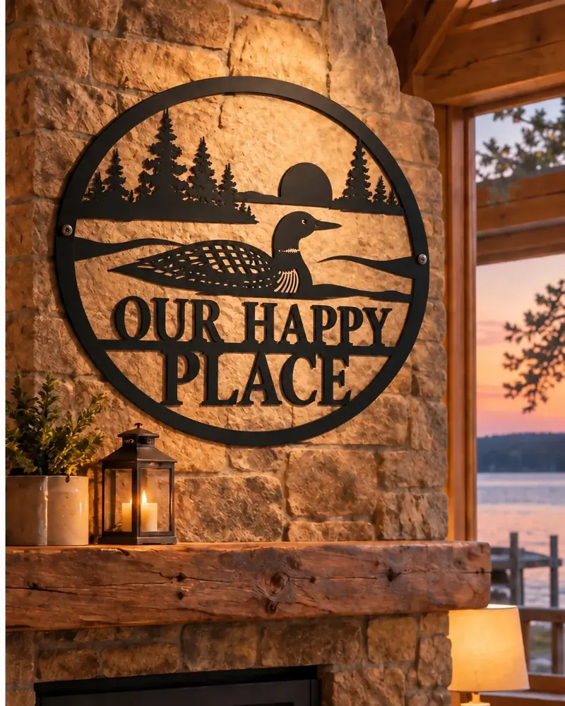 Our Happy Place metal sign at a lakeside cottage