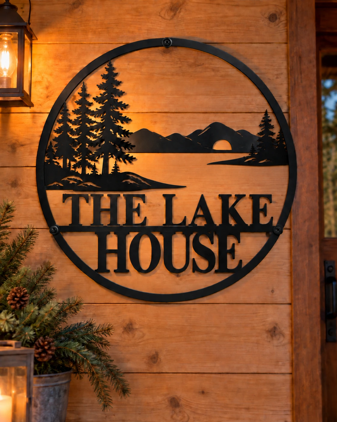 The Lake House black metal sign in a warm rustic cottage setting