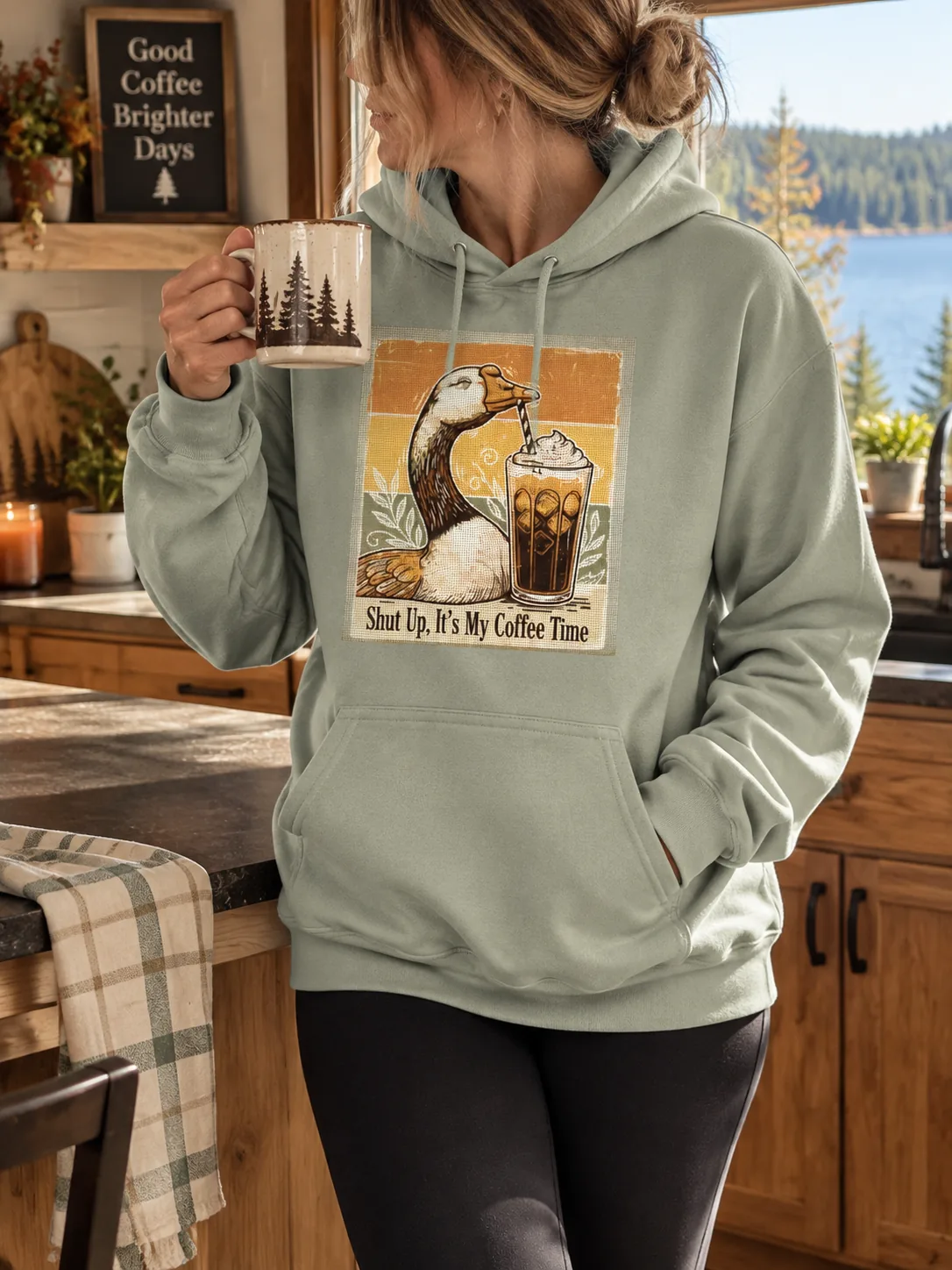 Shut Up It's My Coffee Time sage hoodie in a lake kitchen