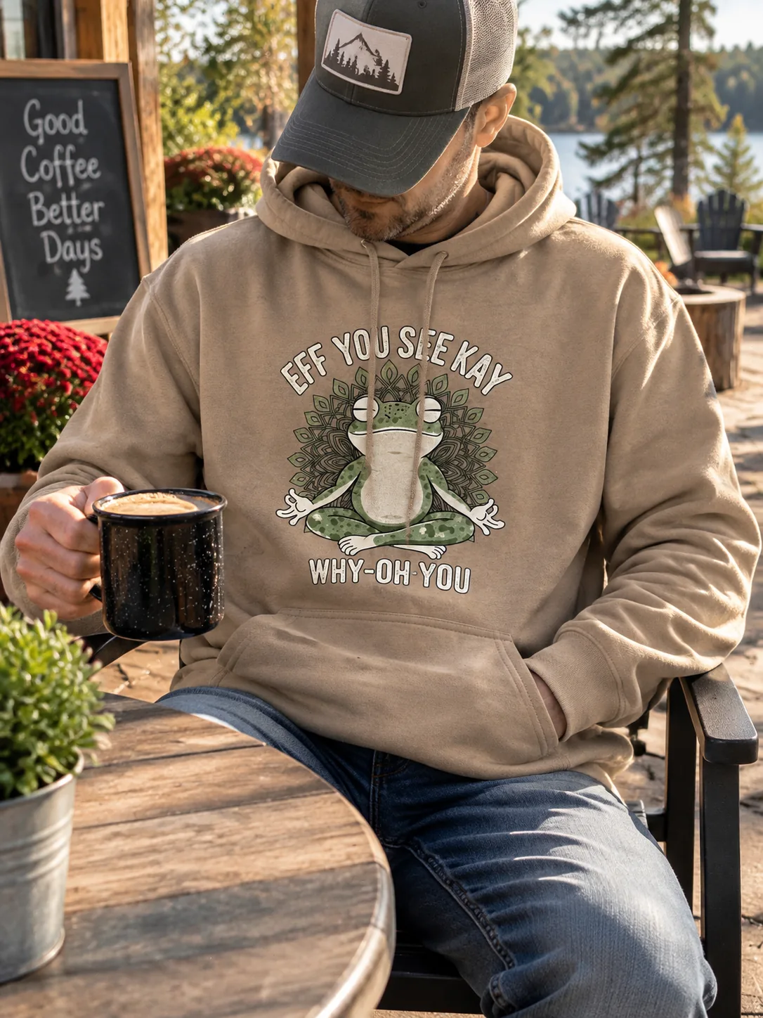 Eff You See Kay tan hoodie with meditating frog graphic