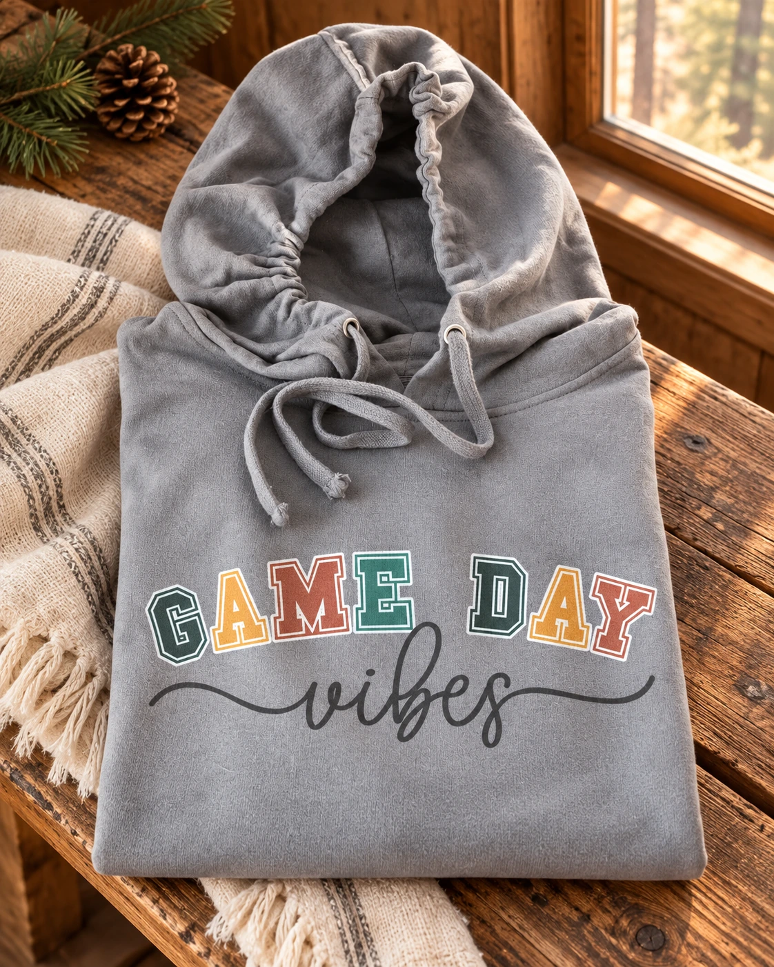 Game Day Hoodie or T-Shirt displayed in a warm styled setting
