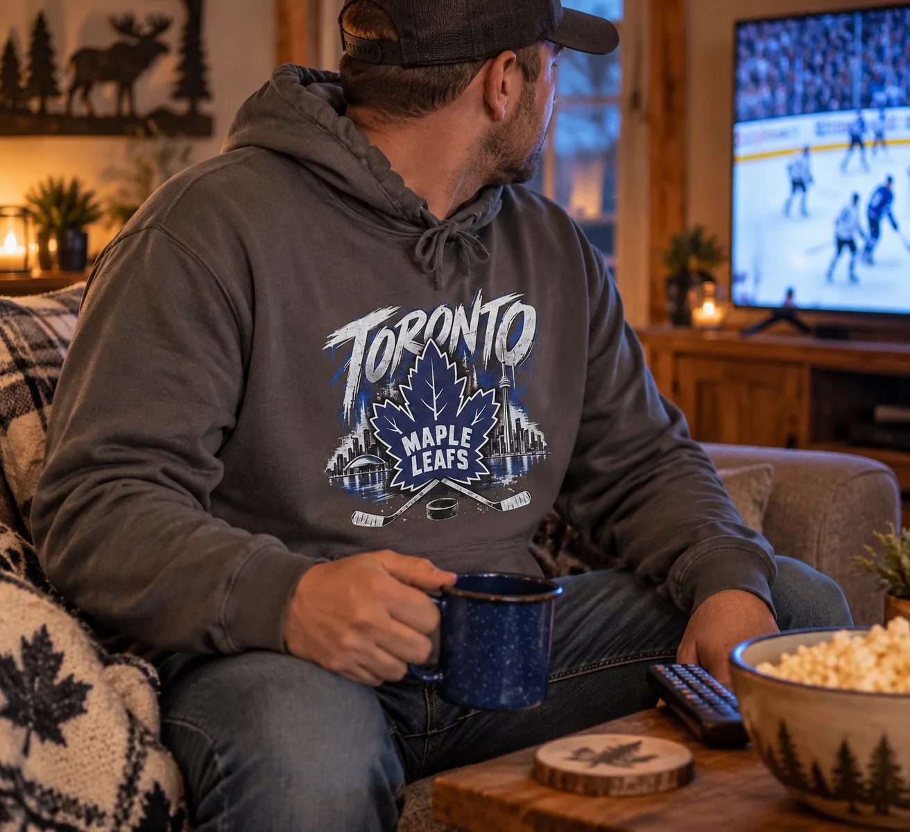 Toronto Maple Leafs charcoal hoodie at game night