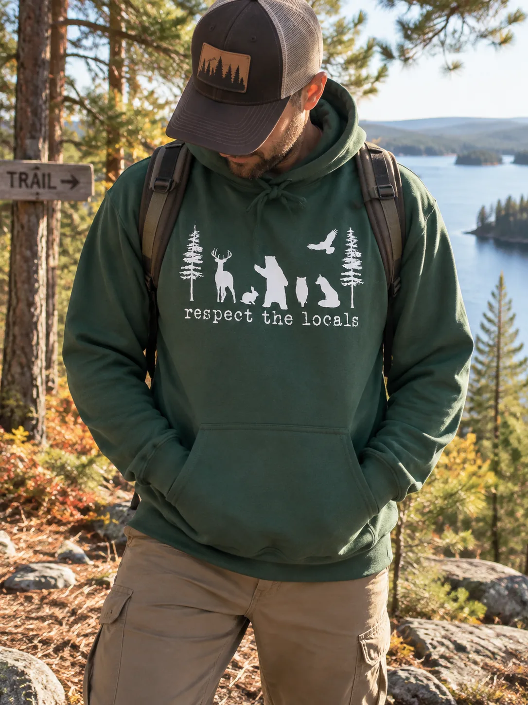 Respect the Locals forest green hoodie on a lakeside trail