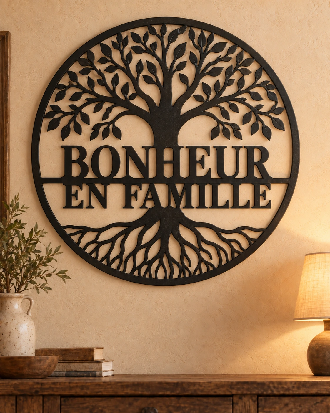 Bonheur en Famille black metal sign in a warm rustic home setting