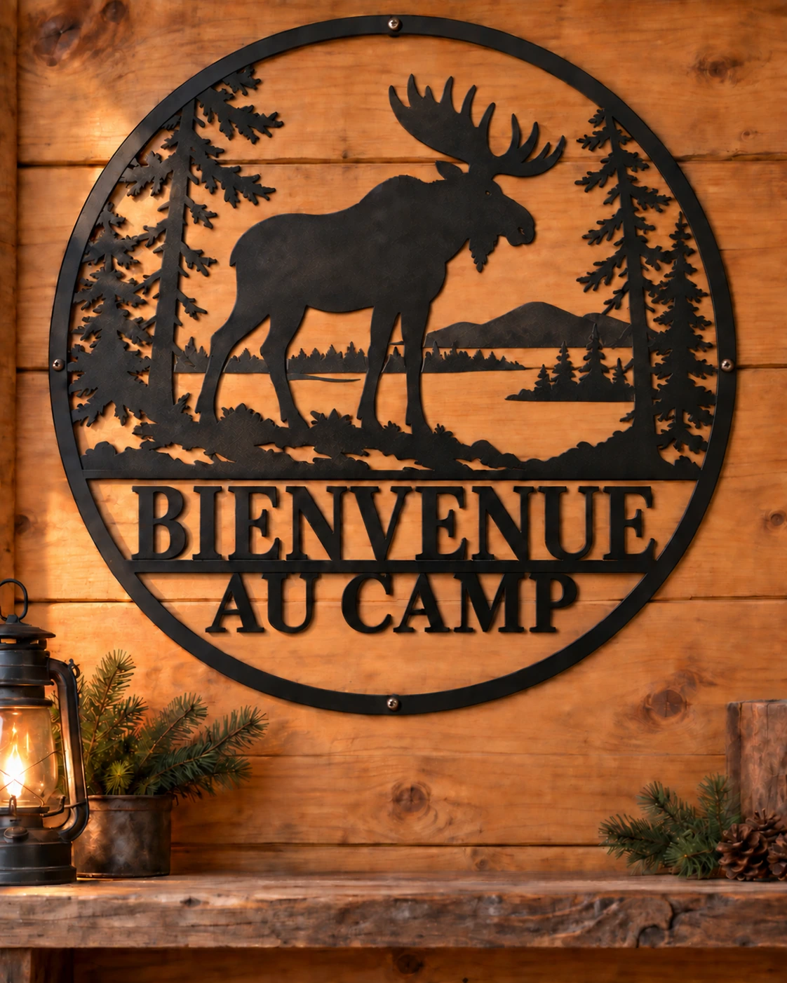 Bienvenue au Camp black metal sign in a warm rustic home setting