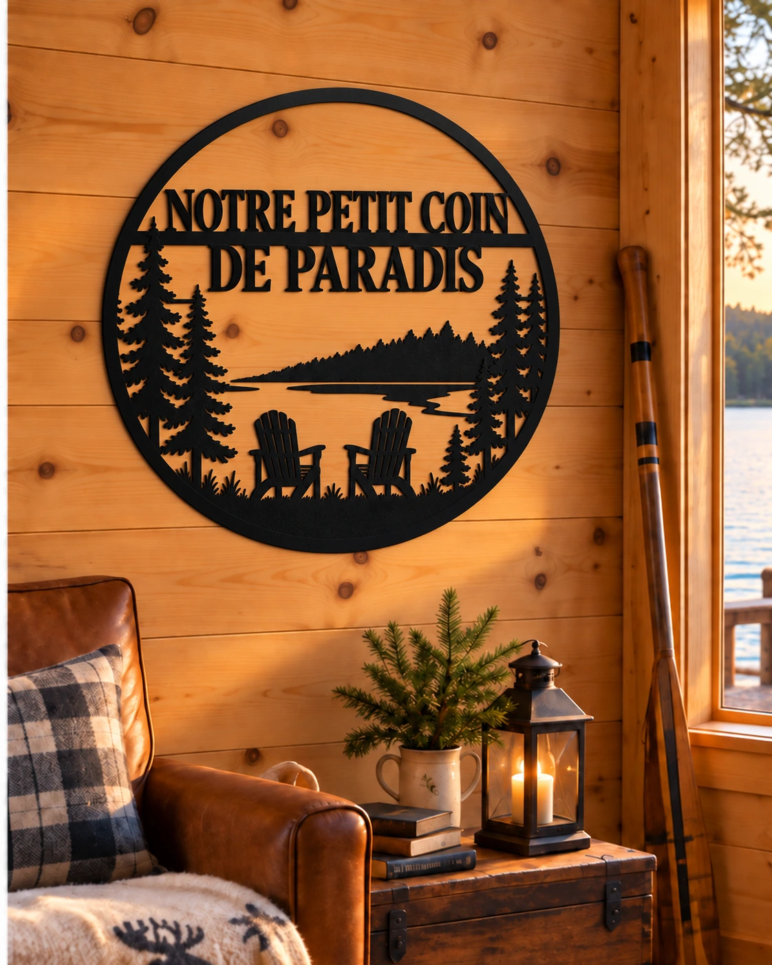 Notre petit coin de paradis metal sign in a warm cottage
