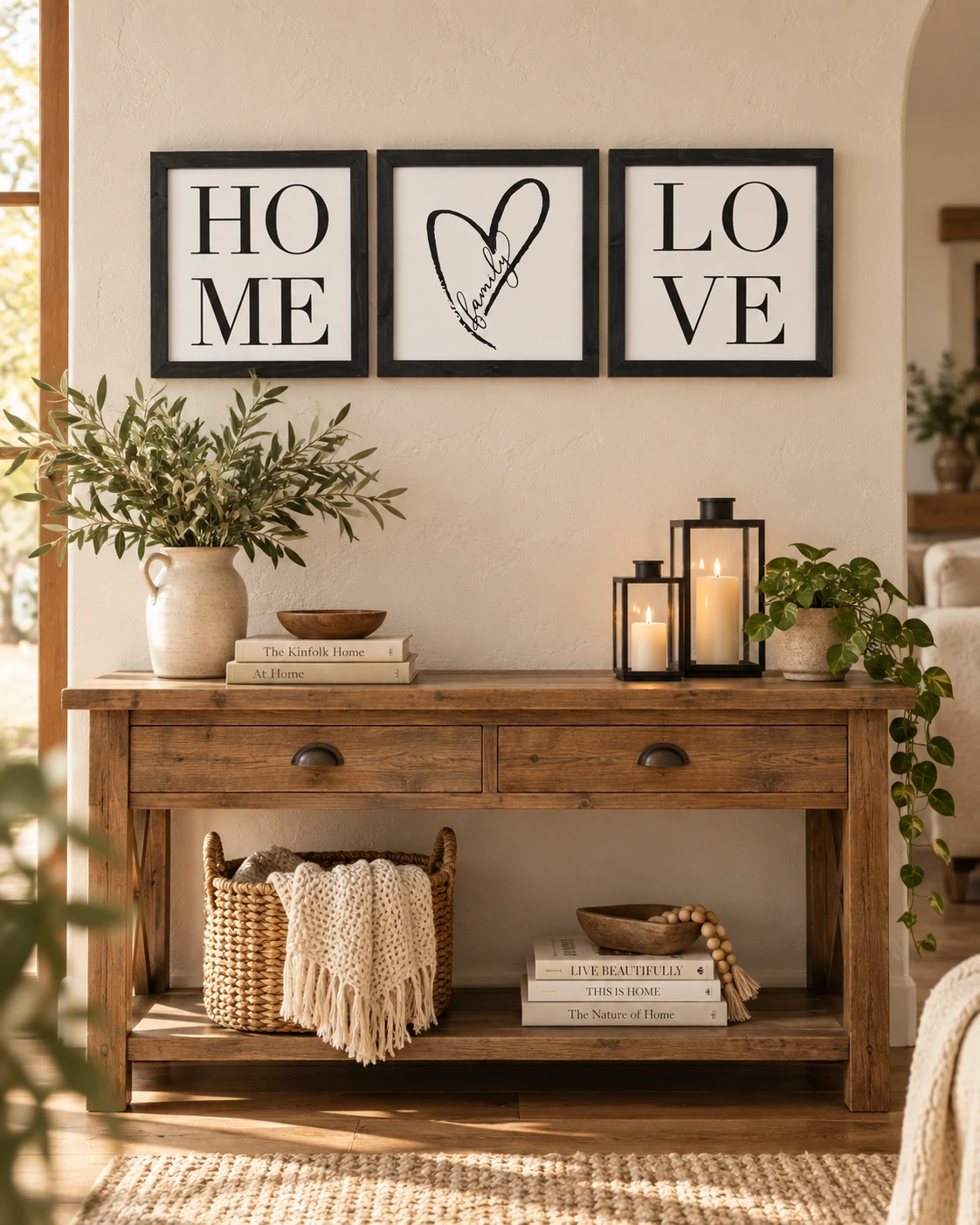 3 Piece HOME FAMILY LOVE Sign displayed in a warm styled setting
