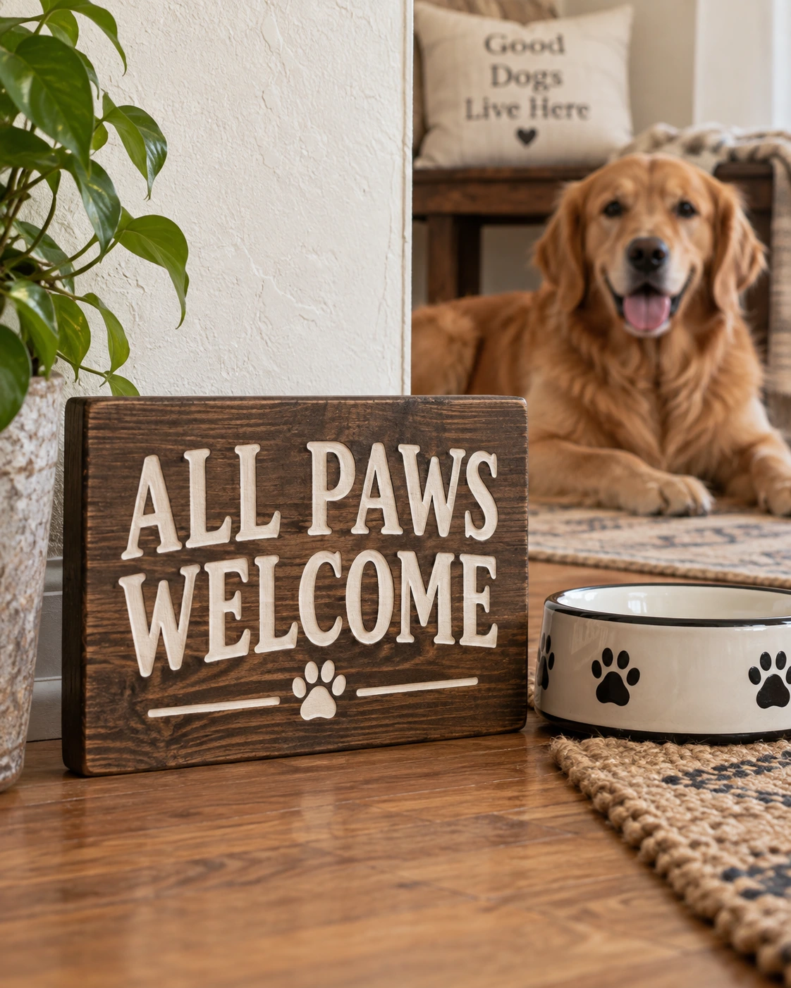 All Paws Welcome displayed in a warm styled setting