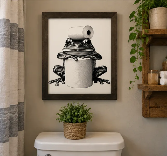Frog with the TP bathroom humour sign in a warm bathroom setting