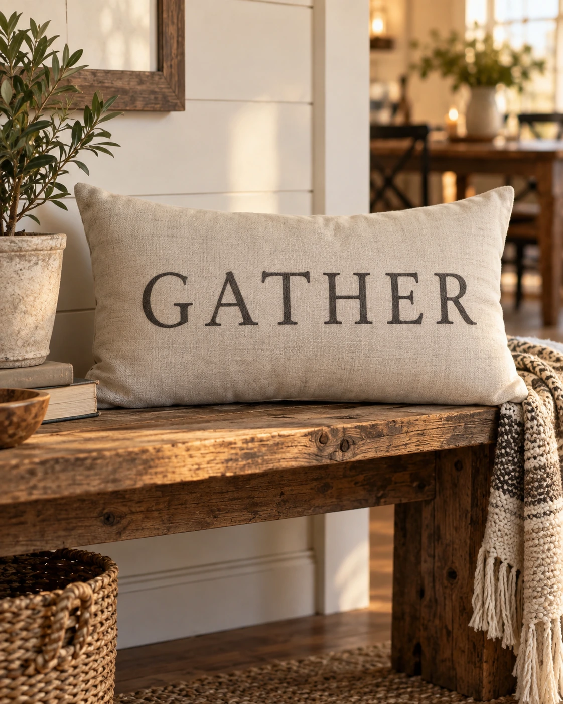 Gather Pillow displayed in a warm styled setting