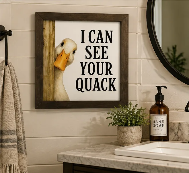 I Can See Your Quack duck bathroom humour sign in a warm bathroom setting