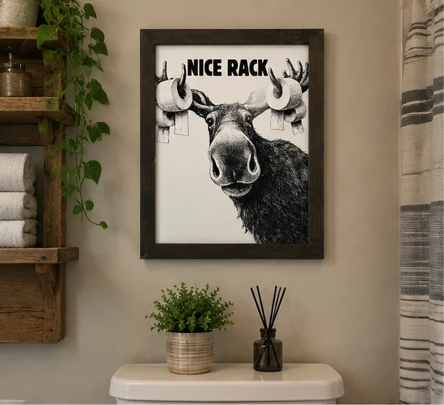 Nice Rack moose bathroom humour sign in a warm bathroom setting