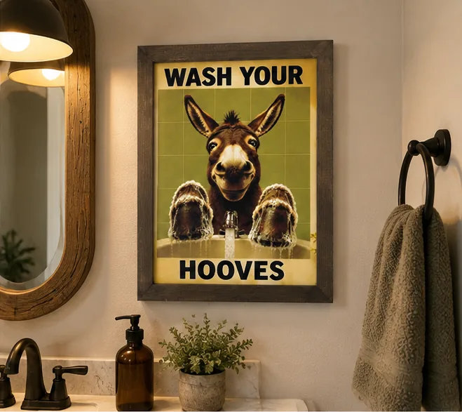Wash Your Hooves donkey bathroom humour sign in a warm bathroom setting