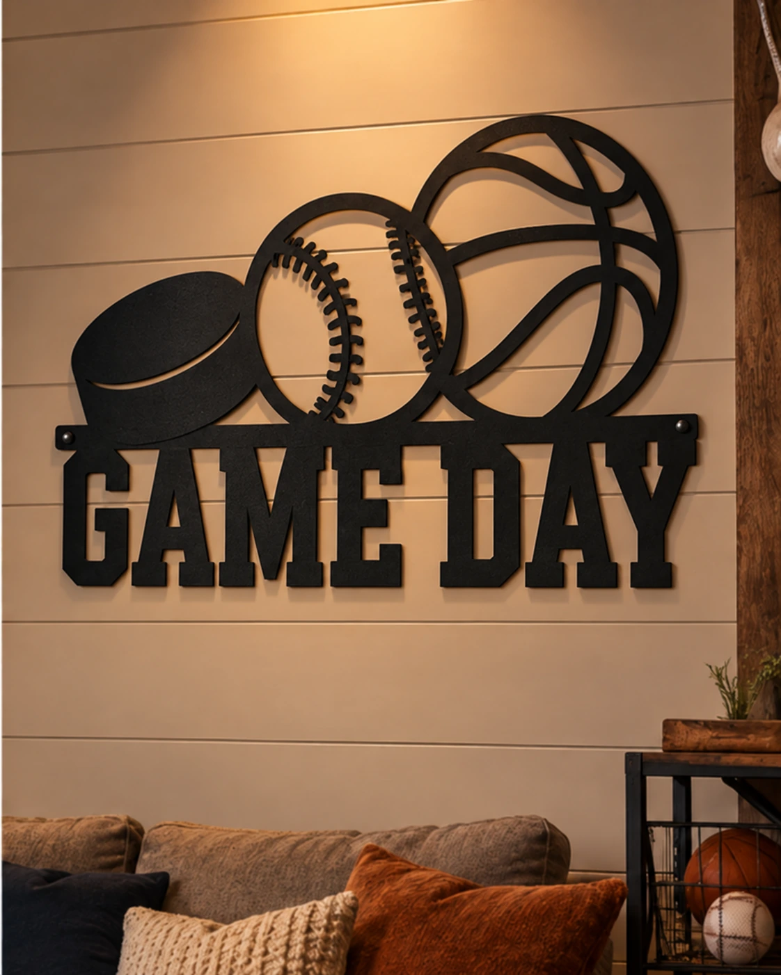 Game Day multi-sport metal sign in a warm family room