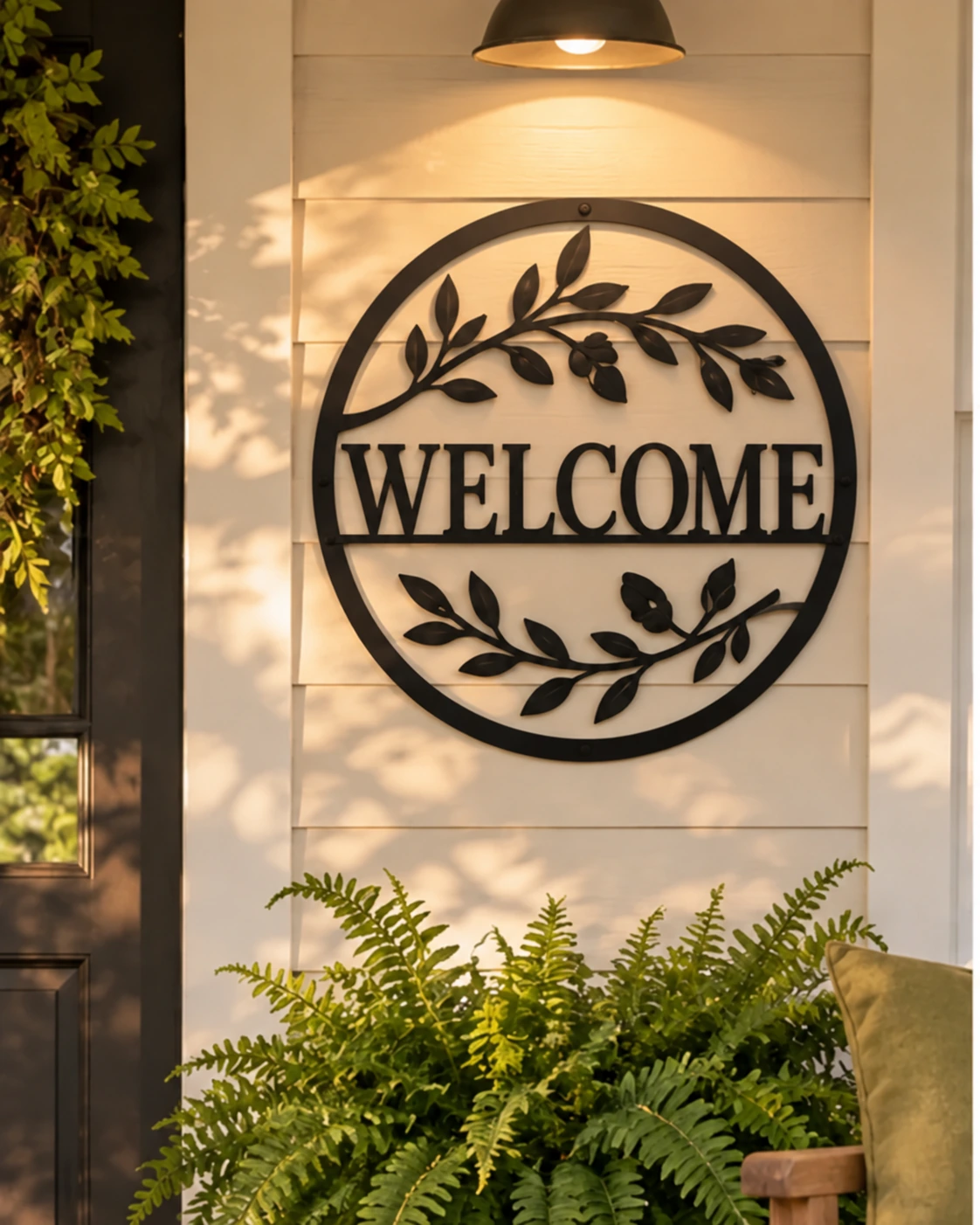 Welcome metal sign with greenery on a warm porch