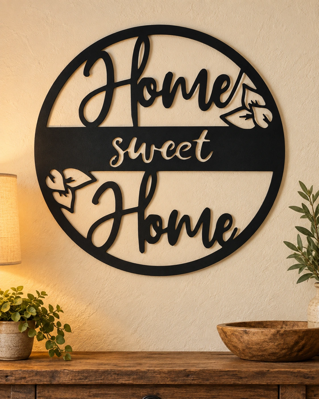 Home Sweet Home metal sign in a warm rustic setting